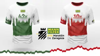 Camisetas de la maratón de Zaragoza 2024 (verde) y de la 10K (rojo).