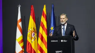El Rey Felipe VI interviene en la cena de gala previa a la inauguración del MWC 2024 de Barcelona.