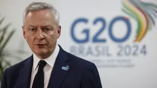 El ministro francés de Economía, Bruno Le Maire, participa en una rueda de prensa este miércoles durante la reunión de ministros de Economía del G20, en São Paulo (Brasil).