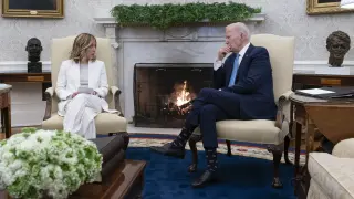 Joe Biden, en una reunión en la Casa Blanca con la primera ministra italiana, Giorgia Meloni, este viernes