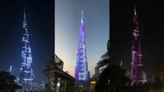 El rascacielos más alto del mundo, el Burj Khalifa, luce en Dubái (Emiratos Árabes Unidos), desde su estreno el 31 de diciembre de 2017, el juego de color que da la fachada luminosa firmada por las empresas aragonesas Saco Tecnologies España y Oboria Digi