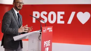Alfonso Rodríguez Gómez de Celis, en la sede del PSOE en Ferraz este lunes.