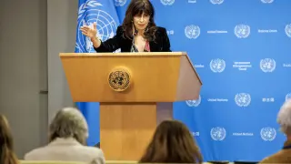 La ministraa de Igualdad, Ana Redondo, habla durante una rueda de prensa en la sede de las Naciones Unidas en Nueva York