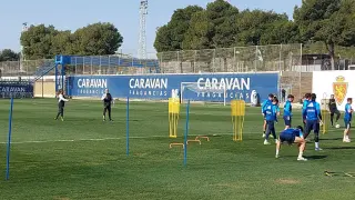 Víctor Fernández, en charla con su ayudante, David Navarro, al inicio del entrenamiento del Real Zaragoza este jueves.