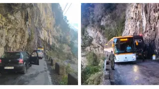Momento en el que se han quedado bloqueados los dos autobuses en el desfiladero de la Inclusa, en el acceso al valle de Chistau.