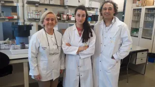 Clara Marín, Cristina Uruén y Jesús Arenas en los laboratorios del CITA.