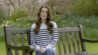 This grab taken from a video released by the BBC Studios on Friday March 22, 2024, shows Britain's Kate, the Princess of Wales recording her message announcing that following her abdominal surgery in January "tests after the operation found cancer had been present." Kate, said Friday she has cancer and is undergoing chemotherapy. (BBC Studios via AP)