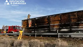 Los bomberos de la DPZ trabajan sofocando el fuego que se ha declarado en un camión en Pina de Ebro.