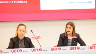 Carolina Gállego y Medea Gracia, de UGT, en la presentación del informe 'El colapso de la orientación educativa en Aragón'