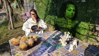 La historiadora del arte Malena Manrique, en los jardines de la Fundación del Garabato, con una proyección del autorretrato de Goya.
