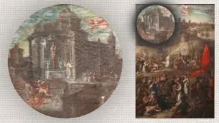 La pintura y un detalle en el que se ve la Virgen del Pilar.