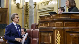 MADRID, 10/04/2024.- El líder del PP, Alberto Núñez Feijóo, durante la sesión de control al Ejecutivo este miércoles en el Congreso. EFE/ Mariscal