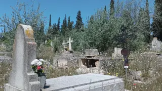 Una lápida rota en la parte vieja del cementerio de Torrero, donde se encontró el cuerpo de la anciana desaparecida en Zaragoza.