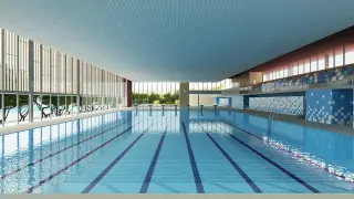 La nueva piscina climatizada de Teruel tendrá grandes ventanales por los que entrará luz natural, como se aprecia en la recreación virtual.