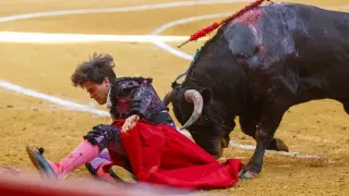 El novillero Cristiano Torres ha sufrido una cogida en la novillada de esta tarde en la plaza de toros de Zaragoza