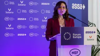 La presidenta de la Comunidad de Madrid, Isabel Díaz Ayuso, en el desayuno informativo Forum Europa celebrado este lunes, en Madrid.