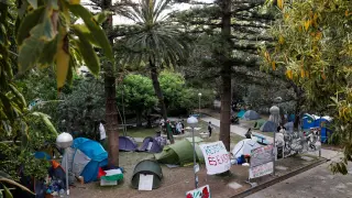 Acampada de estudiantes en apoyo al pueblo palestino, este martes en Valencia.