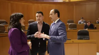 El consejero José Luis Bancalero conversa con los diputados Iván Carpi (PSOE) e Isabel Lasobras (CHA), antes del inicio del pleno.