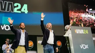 Spanish far-right Vox party leader Santiago Abascal attends a rally organised by the party ahead of the European elections, with various far-right leaders, including Argentinas president Javier Milei, in Madrid, Spain, May 19, 2024. REUTERS/Ana Beltran [[[REUTERS VOCENTO]]]