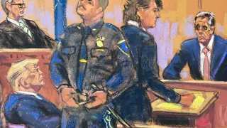 Ilustración de la sesión del juicio de este lunes cuando testificó Michael Cohen