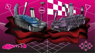 Ilustración sobre vehículos autónomos, detección del entorno y redes neuronales.