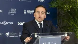 El ministro de Asuntos Exteriores, Unión Europea y Cooperación, José Manuel Albares, interviene durante la segunda edición de Foro Sella 2024, en Hábitat Sella, en Villanueva de Gállego.