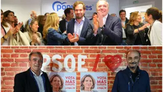 Arranque de la campaña de las elecciones europeas en las sedes del PP Aragón (arriba) y el PSOE Aragón (abajo)