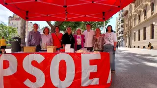 Rosa Serrano en una mesa informativa en la ciudad de Huesca.