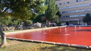 El lago del campus San Francisco de la Universidad de Zaragoza se tiñe de rojo.
