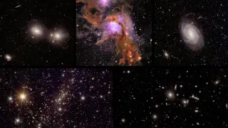 Cinco imágenes obtenidas con Euclid en su fase de observaciones tempranas: el Grupo del Dorado, Messier 78, NGC 6744, Abell 2764 y Abell 2390. MISIÓN EUCLID