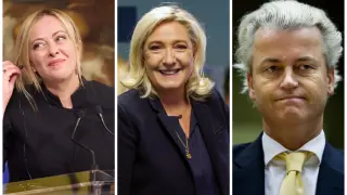 La presidenta de Italia, Giorgia Meloni; la ultraderechista francesa, Marine Le Pen; y el ultraderechista neerlandés, Geert Wilders