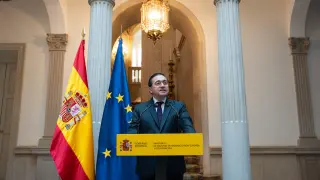El ministro de Asuntos Exteriores, Unión Europea y Cooperación, José Manuel Albares, durante una rueda de prensa, en el Palacio de Viana