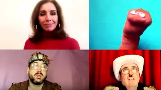 En el sentido de las agujas del reloj: Ana Belén, un calcetín con ojos, Carlos Areces y Aníbal Gómez en el vídeo de 'Agapimú', en 2020.