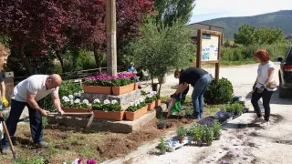 Personas trabajando en Urries para participar en el concurso 'Cinco Villas, un jardín'