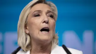 France's National Rally Marine Le Pen addresses supporters after the European elections