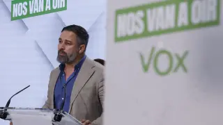 MADRID, 10/06/2024.- El líder de Vox, Santiago Abascal, durante su comparecencia ante los medios en la sede de Vox, tras conocerse los resultados de las elecciones europeas. EFE/Javier Lizón