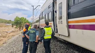 La Guardia Civil junto al tren que ha descarrilado
