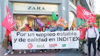 Protesta de trabajadores de Inditex Plataforma Europa el pasado 1 de junio en Zaragoza.