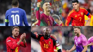 Los delanteros Kylian Mbappé (Francia), Cristiano Ronaldo (Portugal), Álvaro Morata (España), Harry Kane (Inglaterra), Romelu Lukaku (Bélgica) y Niclas Füllkrug (Alemania)...DPA / AFP7 / EUROPA PRESS..11/06/2024 ONLY FOR USE IN SPAIN [[[EP]]]