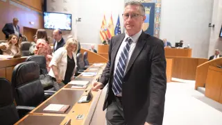 El consejero de Medio Ambiente, Manuel Blasco, antes de comparecer en el pleno de las Cortes de Aragón, este jueves.