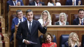 El presidente del Gobierno, Pedro Sánchez, interviene durante la sesión de control que se celebra, este miércoles, en el Congreso de los Diputados en Madrid.