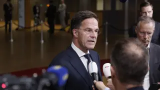 Netherland's Prime Minister Mark Rutte addresses the media at the end of an EU summit in Brussels, early Tuesday, June 18, 2024. Leaders of European Union countries on Monday reached no final agreement on candidates for the bloc's top jobs, but several praised the record of European Commission President Ursula von der Leyen, and she appeared on track to secure their endorsement later this month for a second term in office. (AP Photo/Omar Havana)