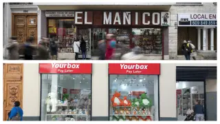 Cambio en la fachada de la tienda de recuerdos El Mañico por la nueva Yourbox, en la calle Alfonso de Zaragoza.