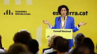 La secretaria general de ERC, Marta Rovira, interviene en el Consejo Nacional del partido tras su regreso a Cataluña procedente de Suiza este viernes, en Barcelona.