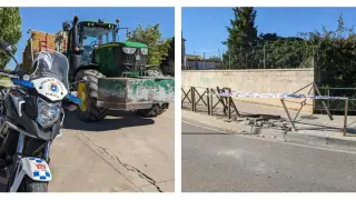 El tractor causante del accidente ocurrido en el paseo de Lucas Mallada de Huesca y las vallas de protección dañadas.
