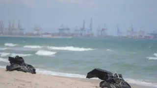 Bolsas de basura durante las labores de limpieza en la playa del Saler por el vertido,