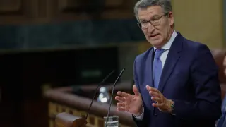 El líder del PP, Alberto Núñez Feijóo, interviene este miércoles en el Congreso, donde el presidente del Gobierno, Pedro Sánchez ha presentado el plan de calidad democrática.