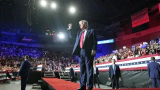 Republican presidential candidate former President Donald Trump gestures after speaking at a campaign rally Wednesday, July 24, 2024, in Charlotte, N.C. (AP Photo/Alex Brandon)