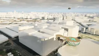 Recreación de un puerto para aterrizaje y despegue de drones en vertical en una ciudad diseñado por Vertiports Network.