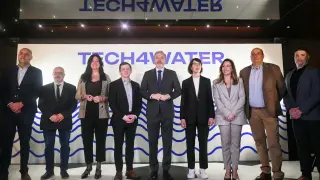 Presentación de los proyectos hídricos de Aragón financiados por AWS, este lunes, en un acto con el presidente aragonés, Jorge Azcón, y las alcaldesas de Zaragoza y Huesca, Natalia Chueca y Lorena Orduna.